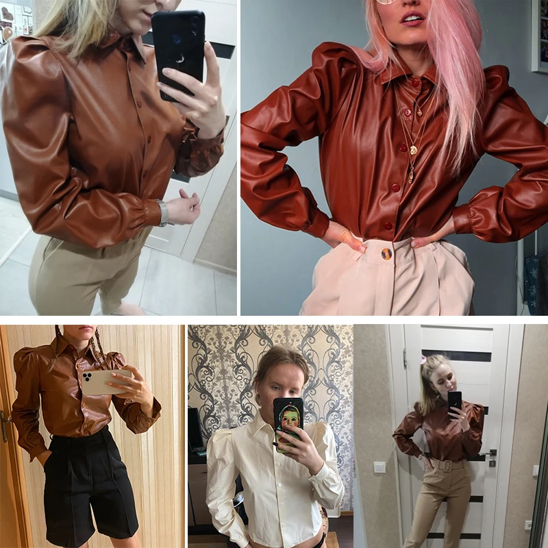 

Autumn Leather Blouse Women Long Sleeve Puff Blouse Vintage Shirt Ladies 2021 Winter Casual Fashion Turn-down Collar