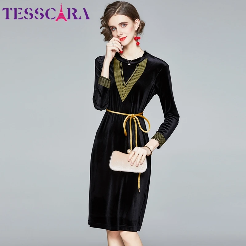 Женское бархатное платье TESSCARA элегантное с вышивкой вечерние платья высокого