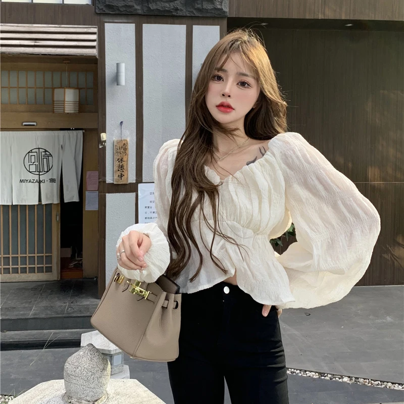 

2022 Spring Autumn Women's Fashion Long Sleeve Loose Shirts Female V-neck Loose Blouses Ladies Solid Short Chiffon Shirts P883
