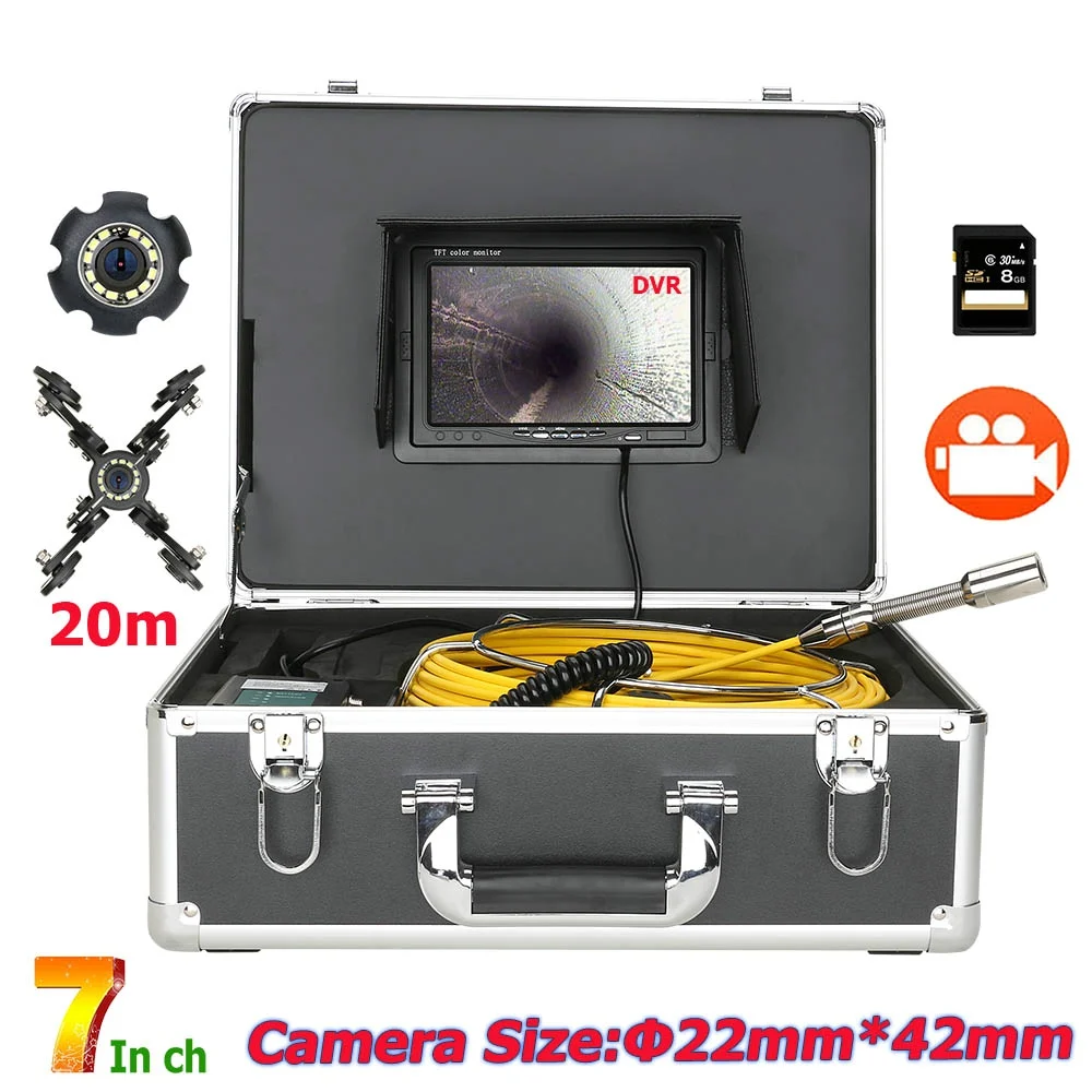 

7"DVR Recording Pipe Inspection Video Camera IP68 HD 1000TVL Drain Sewer Pipeline Industrial Endoscope System with 8GB SD Card