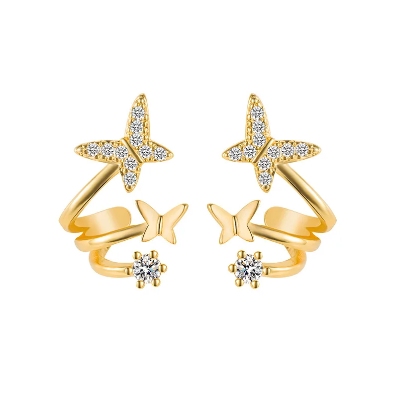 

925 Silver Jewelry Women Earrings Butterfly Shaped Zircon Gemstone Gold Color Stud Earring for Wedding Party Gift Accessories