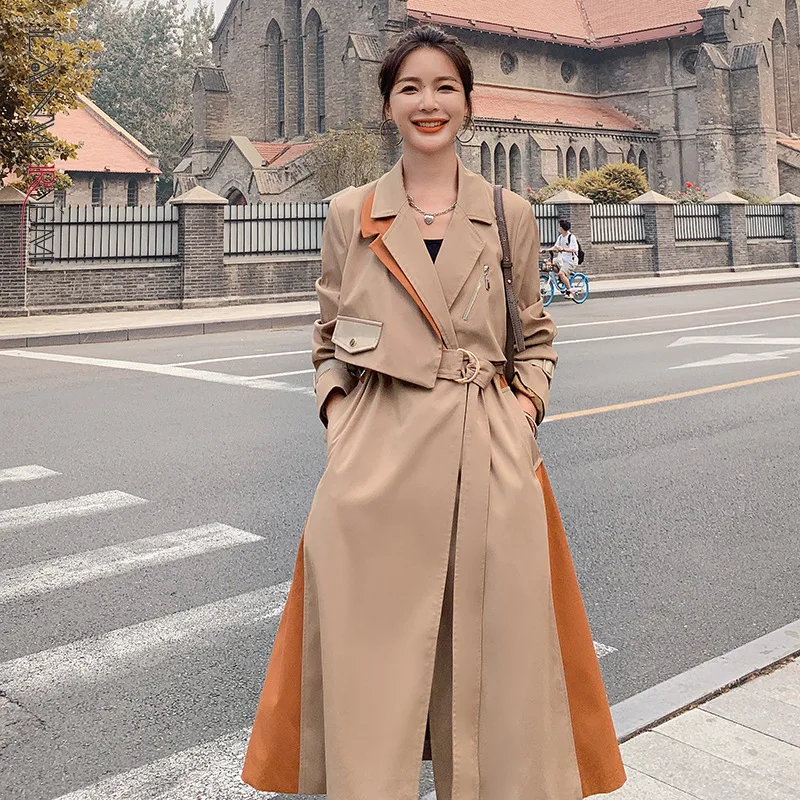 

LANMREM 2022 Autumn Khaki Trench Coat For Women Contrast Color Lapel Belt Waist Loose Female Fashion Streetwear Coats 2M319