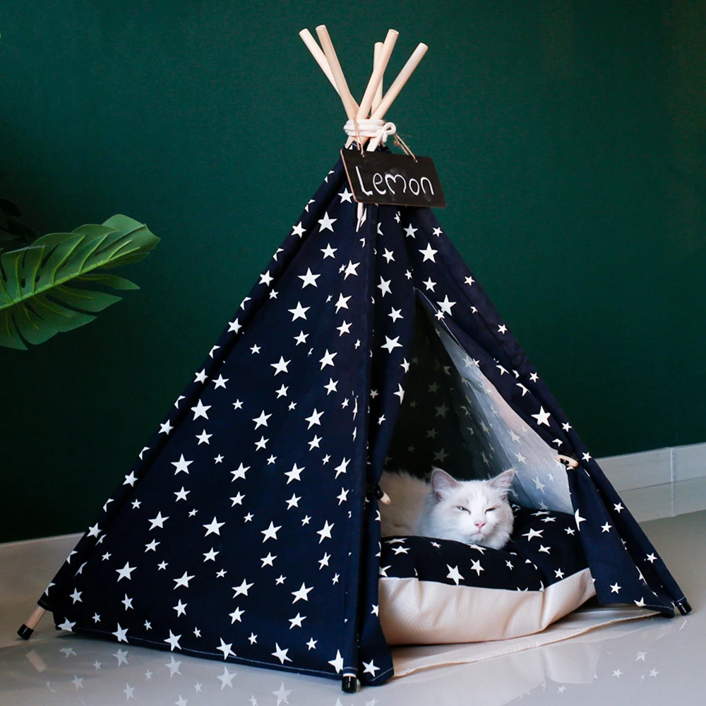 

Cat Teepee Bed Dog House Canvas Pet Tent Indoor Outdoor Portable Puppy Houses Kennel with Cushion for Small Puppy Cats Kittens