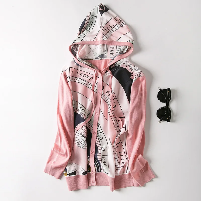 New clothing    European and American wind   Hooded draw string to semicircle printed silk knitted cardigan