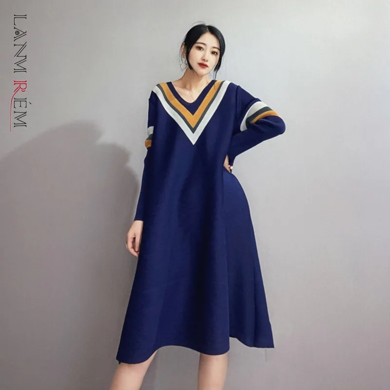 

LANMREM Patchwork Pleated Dress For Women 2021 Autumn Summer New Women's Sexy V Collar Loose Elastic Dresses YJ304