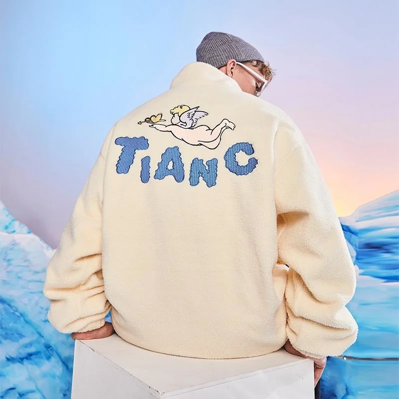 

Punk Style Men Cartoon Cupid Embroidery Lamb Wool Coat Vintage Women Winter Loose TIANC Letter Couple Zipper Thick Cotton Jacket