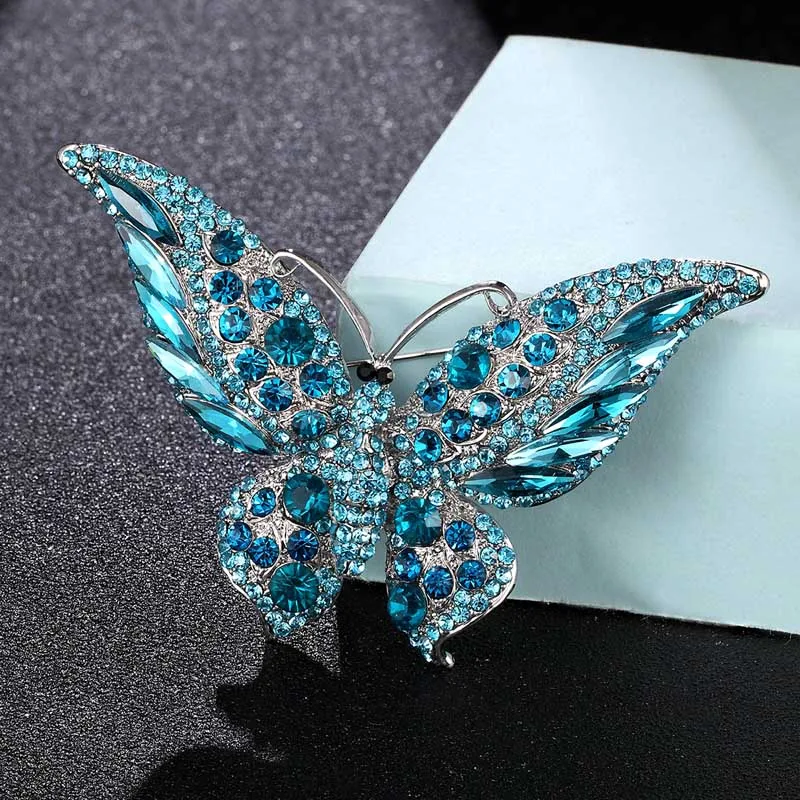 LIGHT BLUE 002 Большая Бабочка, броши, букет, австрийская брошь с кристаллами, булавки, коралл, большой размер, насекомое, хиджаб, аксессуары для женщин, свадебные броши - Окраска металла: LIGHT BLUE 002