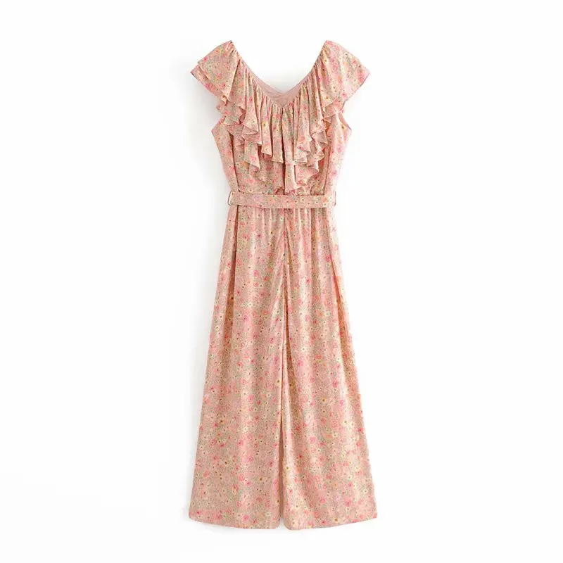 

2020 Summer New Laminated pink floral flower Print Jumpsuit sexy bodysuit dropshipping overalls women clothing Hjh4220