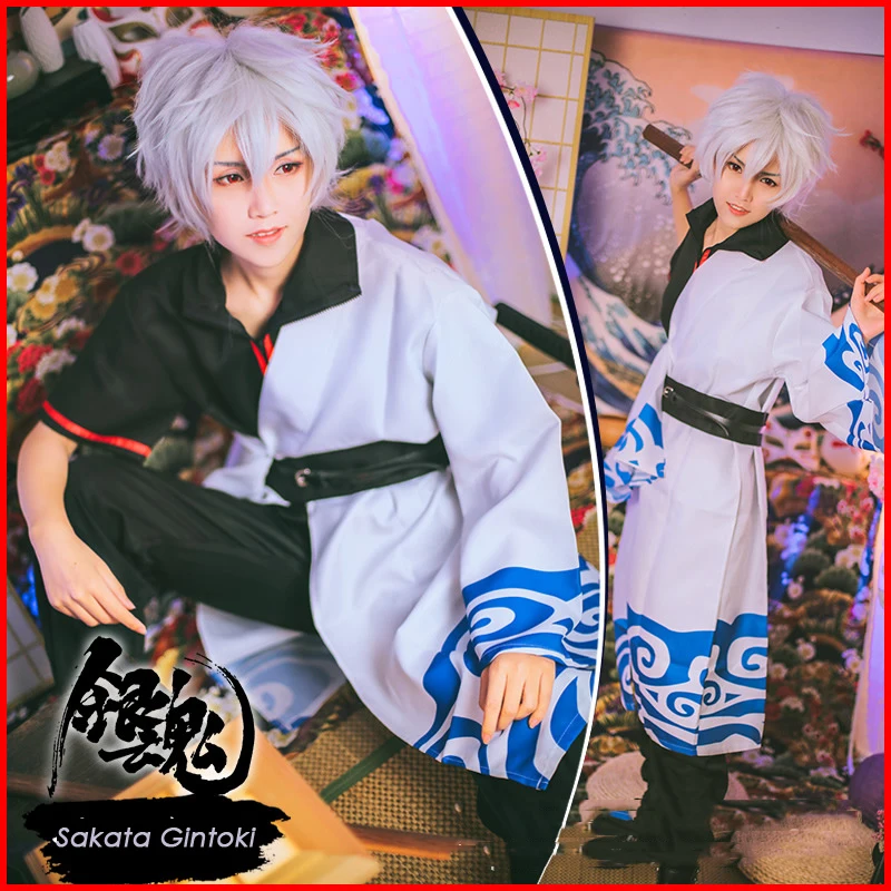 

Anime Gintama Sakata Gintoki Cosplay Costume Halloween Costumes For Men Kimono Wig Long Sleeve Japanese Clothing