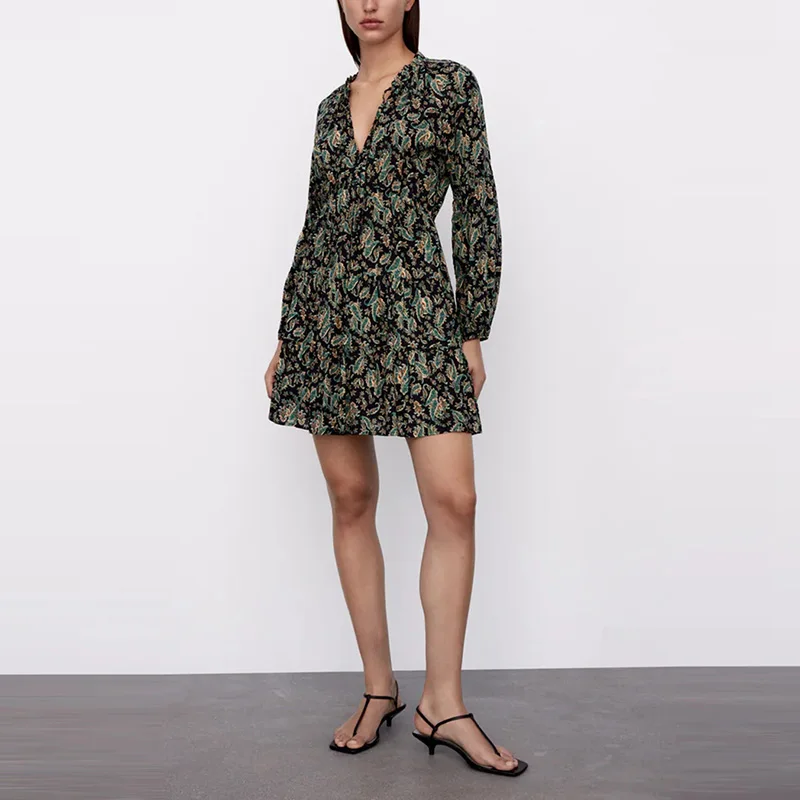 

Модное женское Цветочное платье с длинным рукавом на талии, повседневное мини-платье для вечеринки для леди