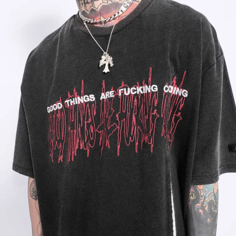 

GTDOM Men Europe And America Hip Hop Minimalism Splicing Dark Wind Short Sleeve 2021 Spring New Oversize High Street T-Shirt