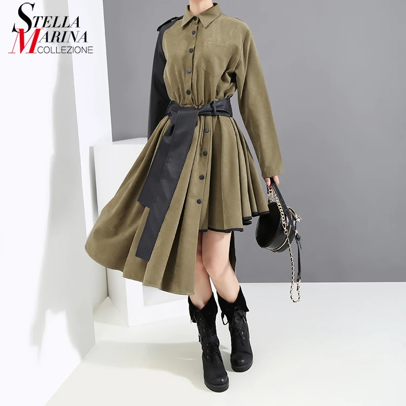 Женское платье рубашка средней длины с длинным рукавом армейский зеленый цвет