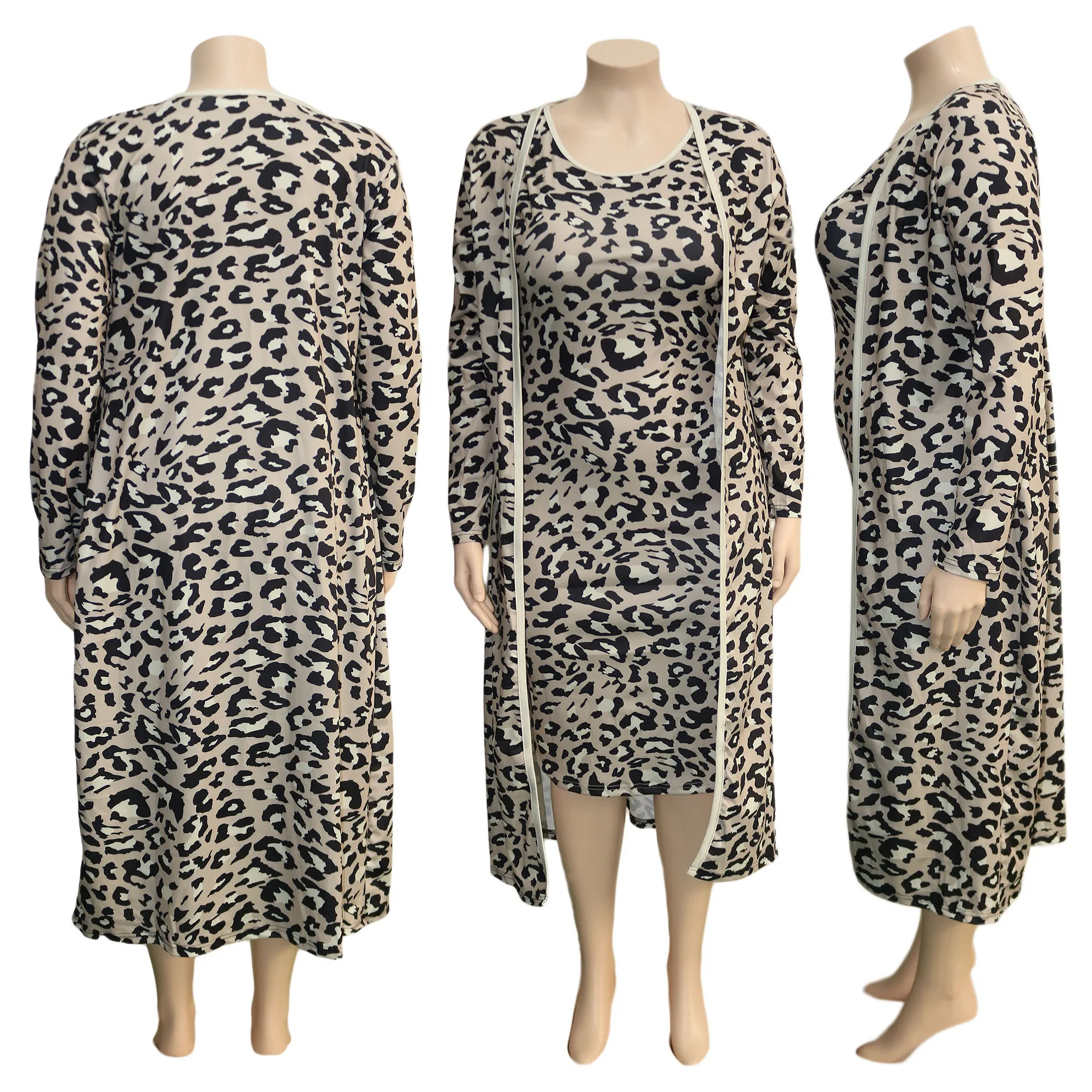 

European new fashion leopard print casual two piece suit slim o-neck sleeveless dress and women's Cape set