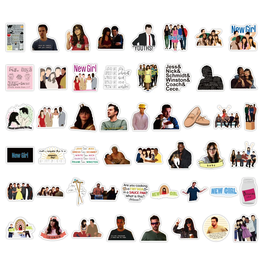 

50PCS TV Series New Girl Stickers Vinyl Jess Nick Schmidt Winston Cece Decal Sticker for DIY Laptop Phone Luggage Fridge Guitar