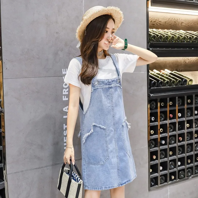 Женское летнее платье на бретельках Kawaii повседневные джинсовые платья подтяжках