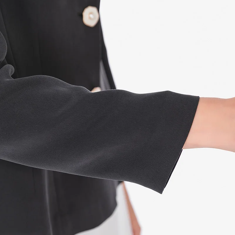 

VOA Heavyweight Silk 30m/m Black Turn-down Collar Mix Material Stitching Single Row Long Sleeve Retro Jacket WE19