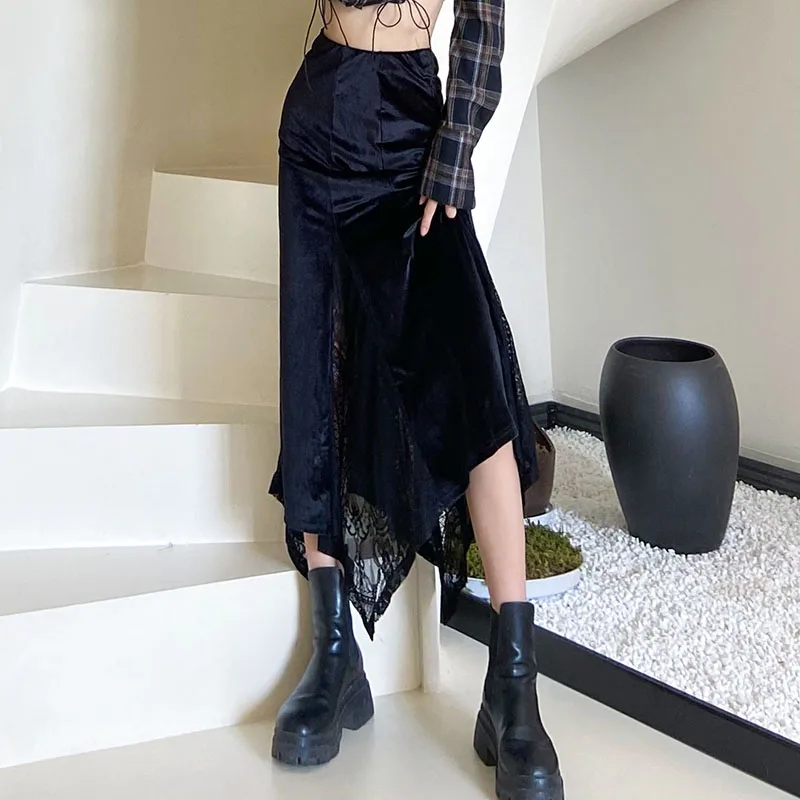 

Женская длинная юбка с высокой талией, черная Асимметричная кружевная эластичная юбка в стиле Харадзюку, в стиле панк и готика, весна-осень