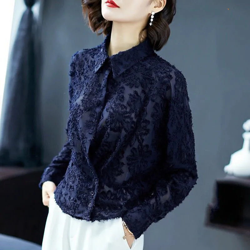 Кружевная рубашка с длинным рукавом новинка женский топ на весну и осень женская