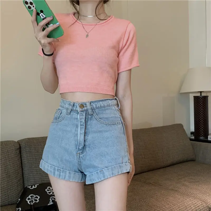 Однотонные укороченные полосатые синие футболки с круглым вырезом пуловер