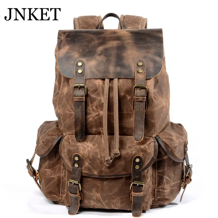 JNKET New Vintage Men Waterproof Backpacks Canvas Rucksacks Laptop Bagpack School Bags Large Capacity Mountaineering Travel Pack