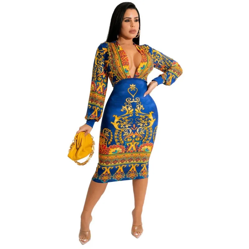 

Long Pencil Dress Women High Waist Deep V Neck Full Sleeve Robes 2022 Fashion New Dashiki Print Elegant Office Lady Dresses Gown