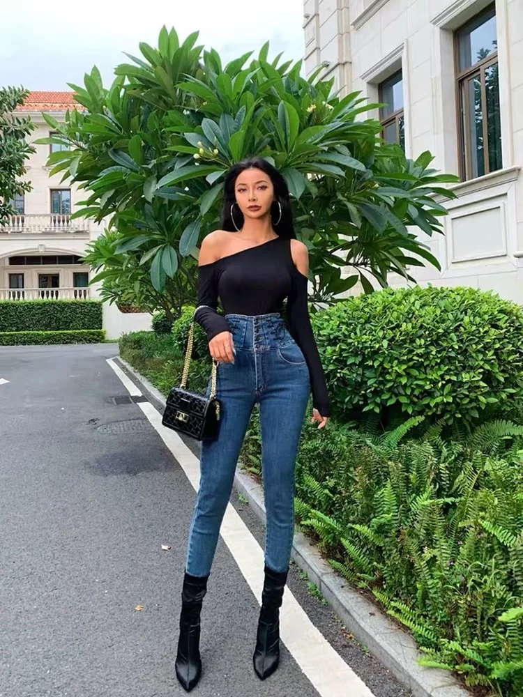 

Nightclub sexy black one-shoulder top women's tight-fitting hollow long-sleeved t-shirt sexy feminine all-match tops solid color
