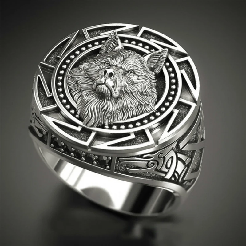

Retro Male Geometric Wolf Totem Alloy Ring Casual Party Mythology Viking Warrior Silver Ring Jewelry