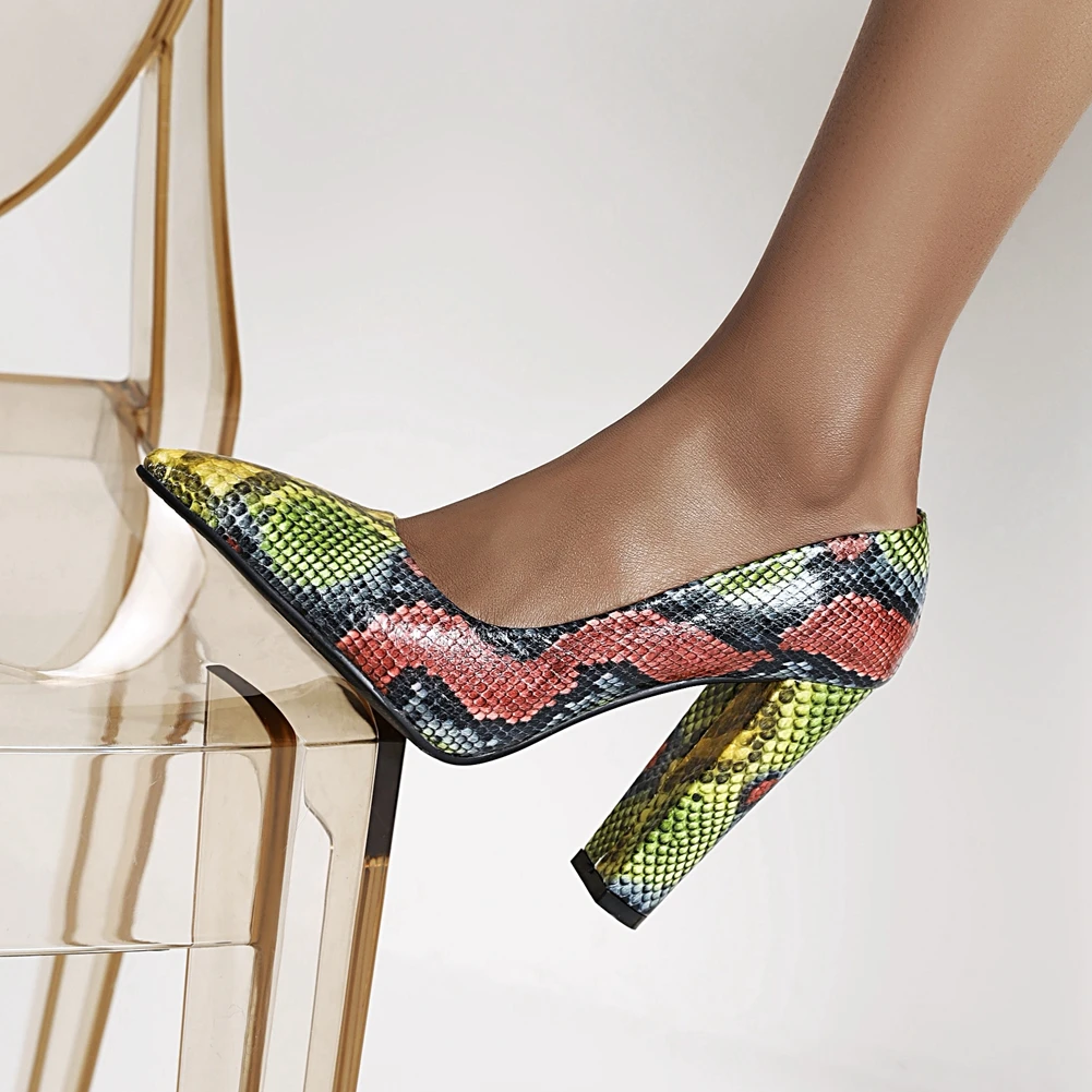 

BONJOMARISA office lady snake high heels pumps spring shallow pointed toe pumps women 2021 party block heel shoes woman