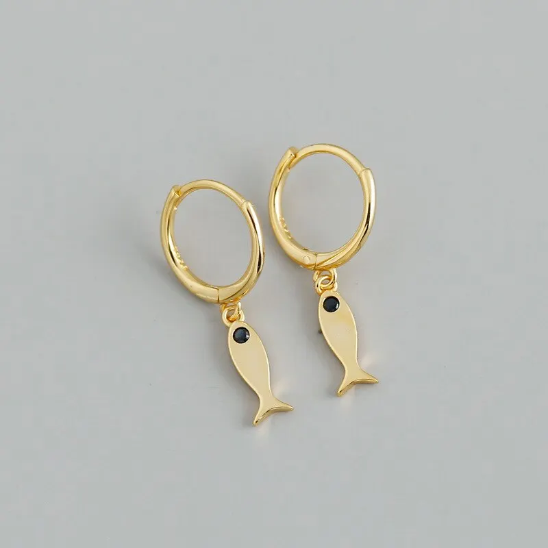 

A00274 925 Sterling Silver Minimalist Black Zircon Fashion Chic Fish Stud Earrings for Women Romantic Party Jewelry Gift