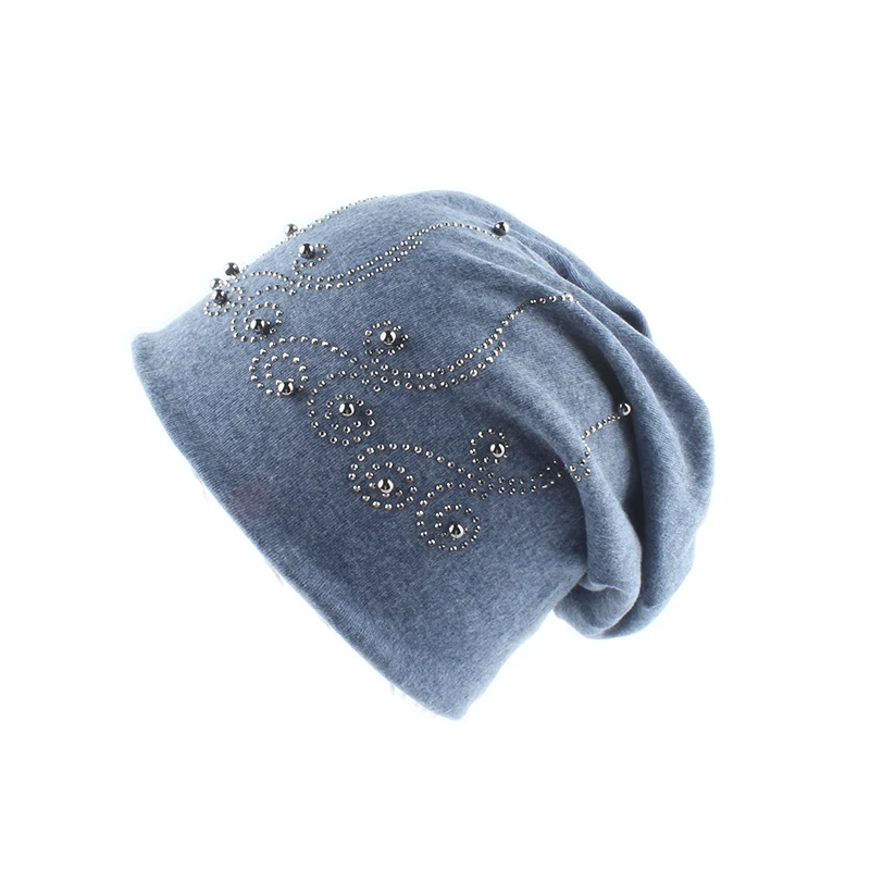 Модная зимняя женская шапка с жемчугом, одноцветная шапка со стразами и черепами, Женская Осенняя шапочка-бини, мягкие теплые хлопковые шапки для женщин