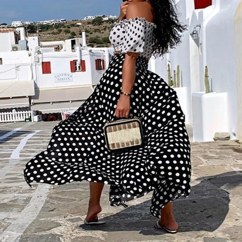 4XL размера плюс с открытыми плечами Женский комплект из двух предметов в горошек