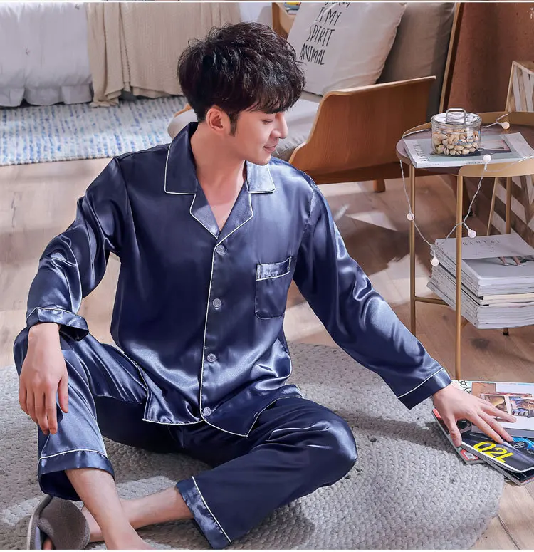 Однотонная атласная Мужская пижама летний комплект с длинным рукавом осенняя