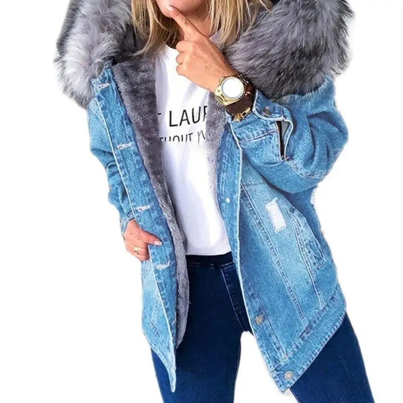 

Winter Fur Jacket Women Denim Coats Faux Hooded Jean Thick Long Sleeve Frayed Overcoat Outwear Vintage Cotton Female Coat 827