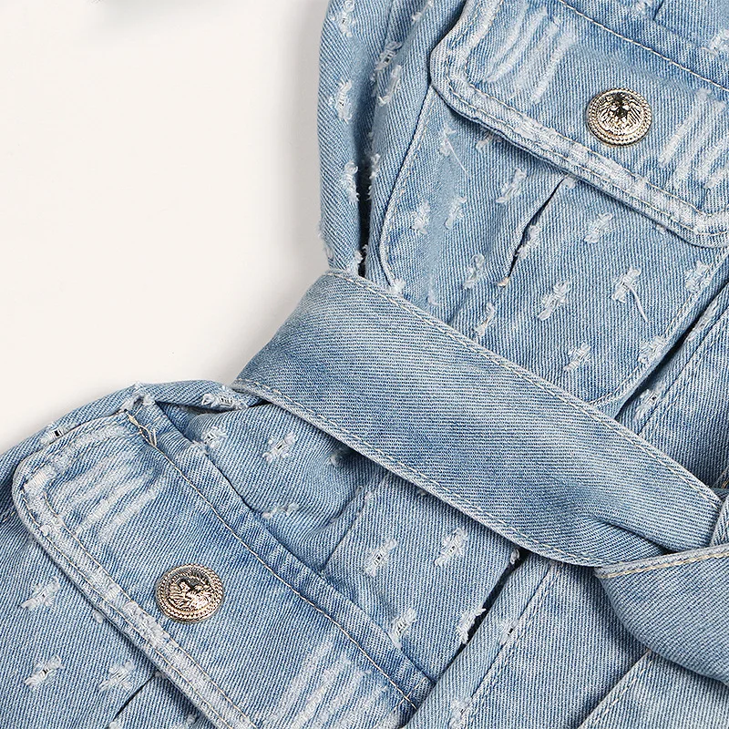 

Denim jacket women's spring 2021 new casual round neck high waist lace-up solid color thin section long-sleeved slim jacket wome