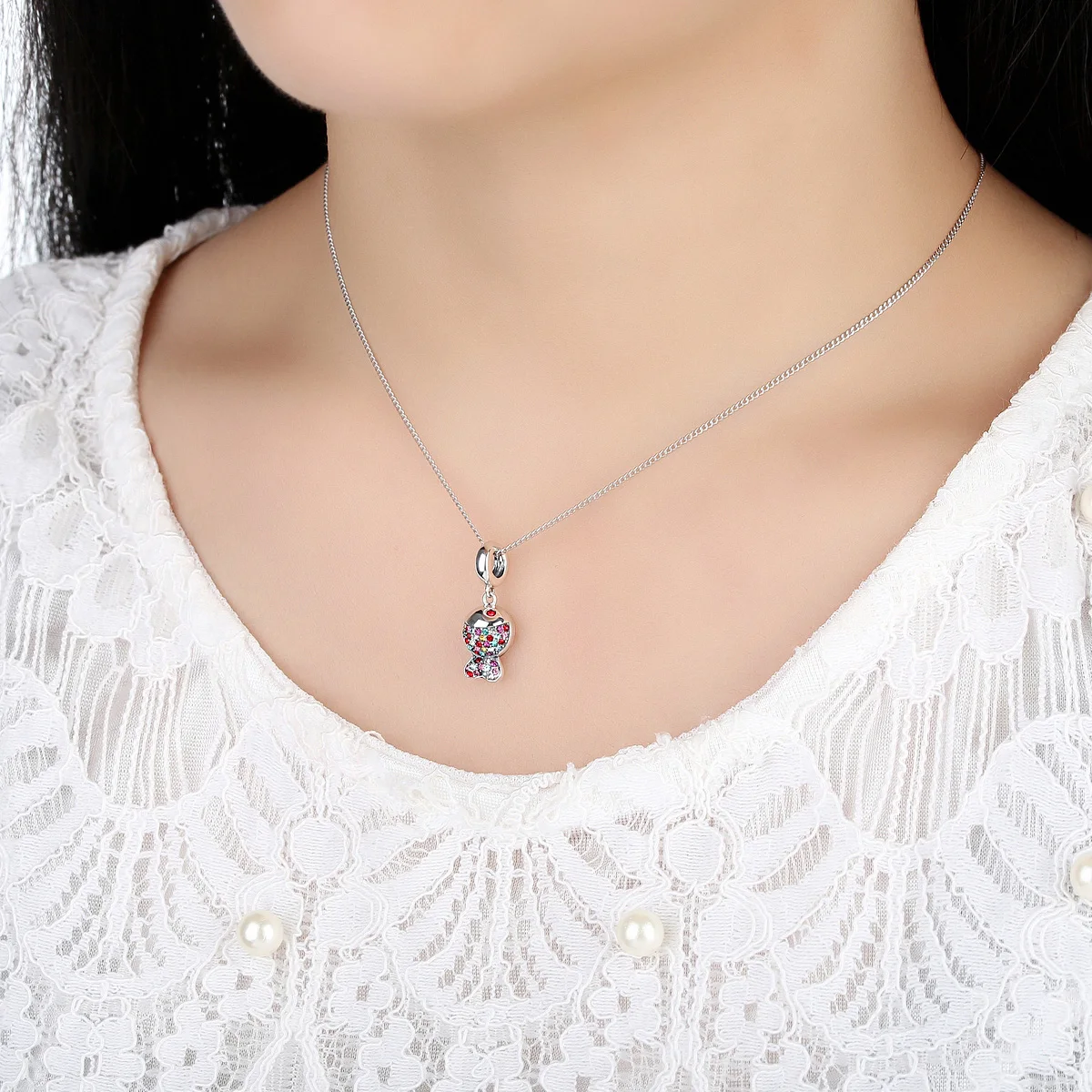 

100% 925 Sterling Silver Lovely Red Crystals Fish Pendants Necklace for Women Girl Statement Jewelry