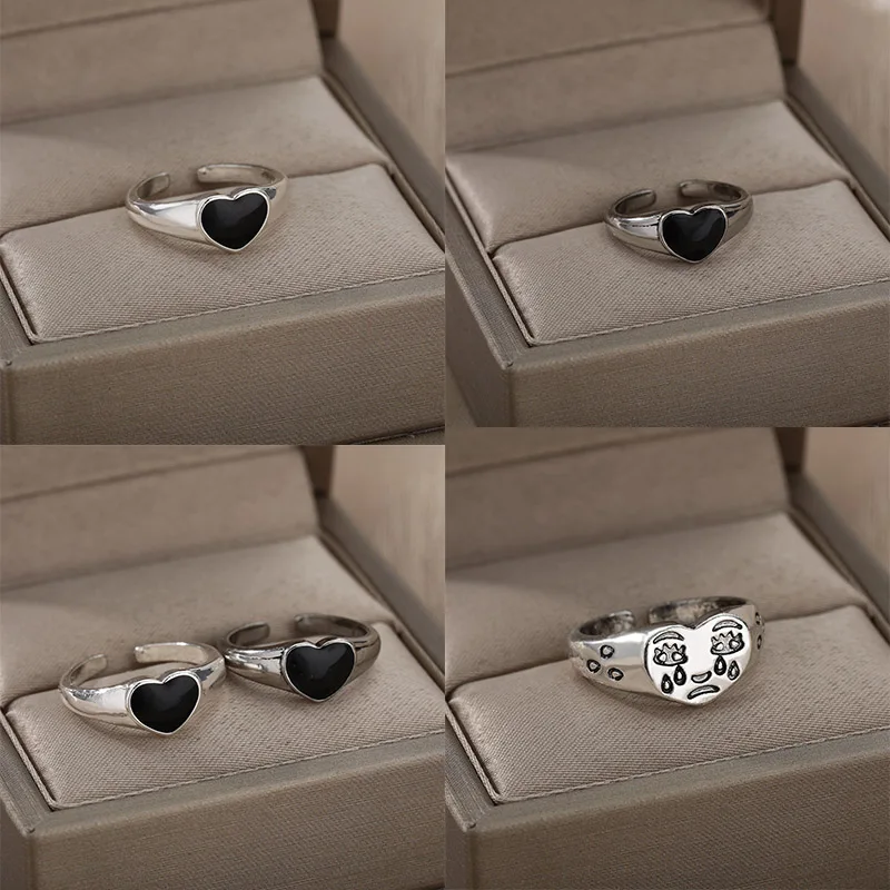 

Creative Heart Crying Face Open Rings For Women Vintage Silver Color Heart Shake Hand Adjustable Couple Finger Ring Jewelry Gift