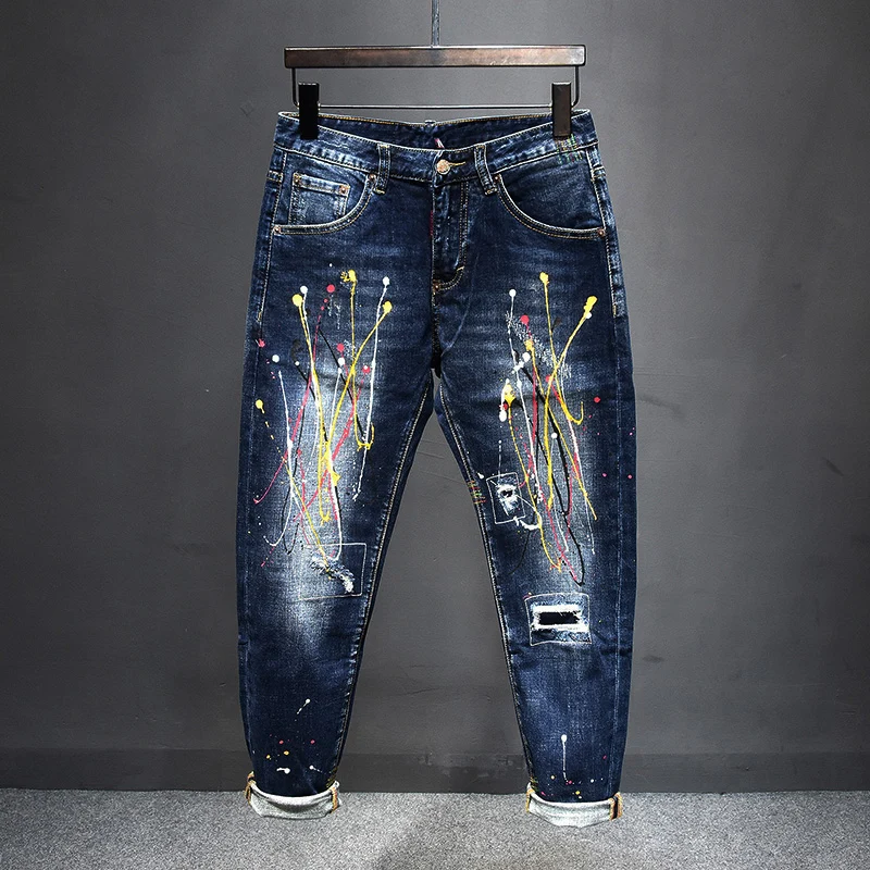 Джинсы мужские в стиле ретро, модные синие эластичные рваные джинсы Slim Fit, дизайнерские штаны с принтом в стиле хип-хоп и панк, уличная одежда...