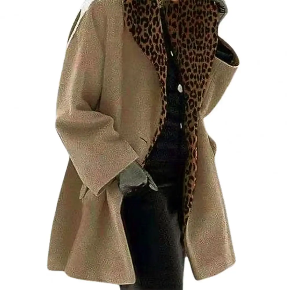 

Женское пальто с леопардовым принтом, длинное шерстяное пальто на одной пуговице с лацканами и карманами с клапаном, верхняя одежда для осени и зимы
