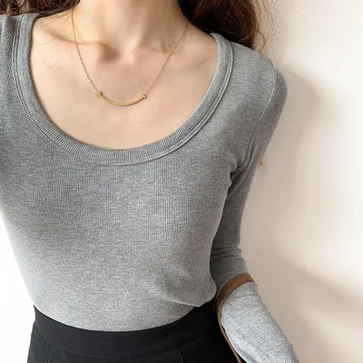 

Autumn women's new long-sleeved round neck t-shirt solid color slim-fit all-match blouse gray