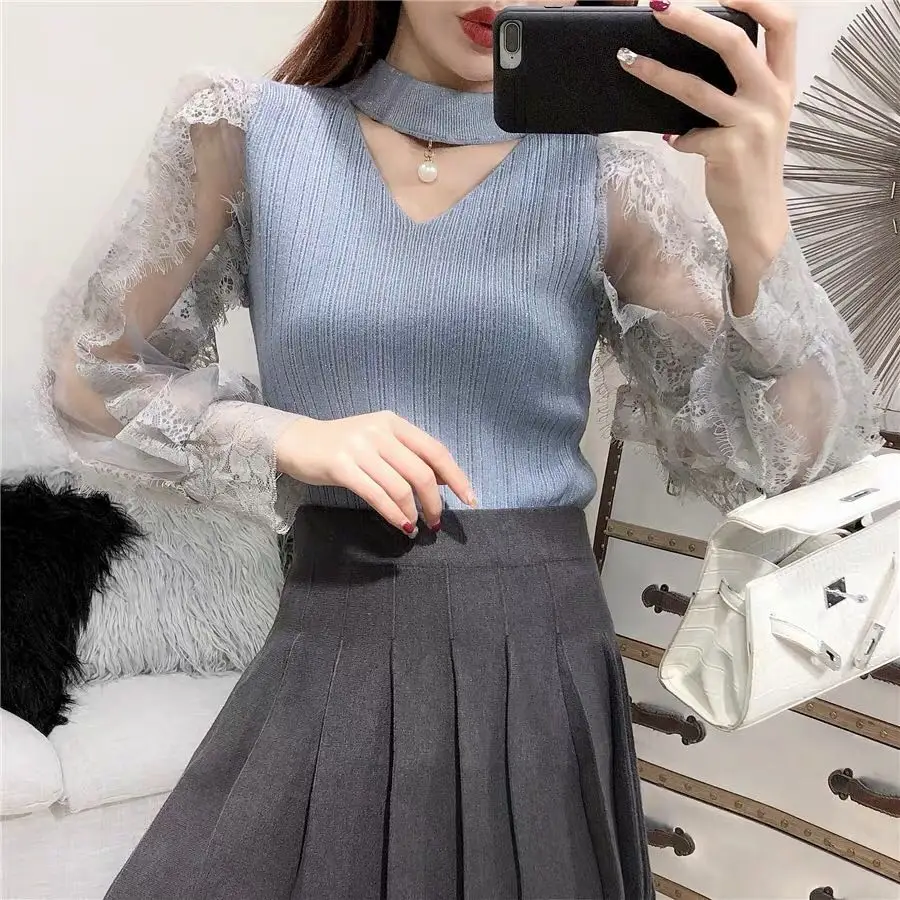 ALPHALMODA Новая мода кружевной фонарь рукав яркий Шелковый вязаный обтягивающий свитер изящный женский милый кружевной свитер Мода Outfi