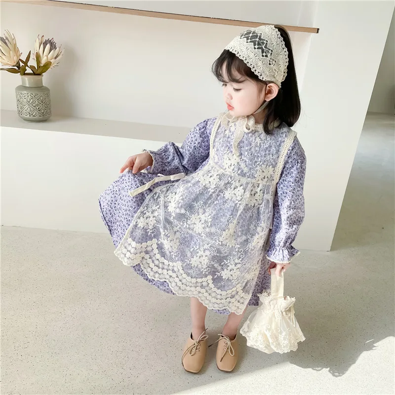 

Spring new product 2-7 years old girl pastoral style sweet purple floral skirt + lace blouse two piece skirt fairy skirt