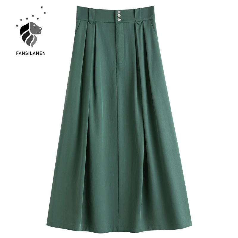 

FANSILANEN Office ladies pleated green long skirt Women high waist elegant a-line skirt Summer casual strretwear skirts 2021