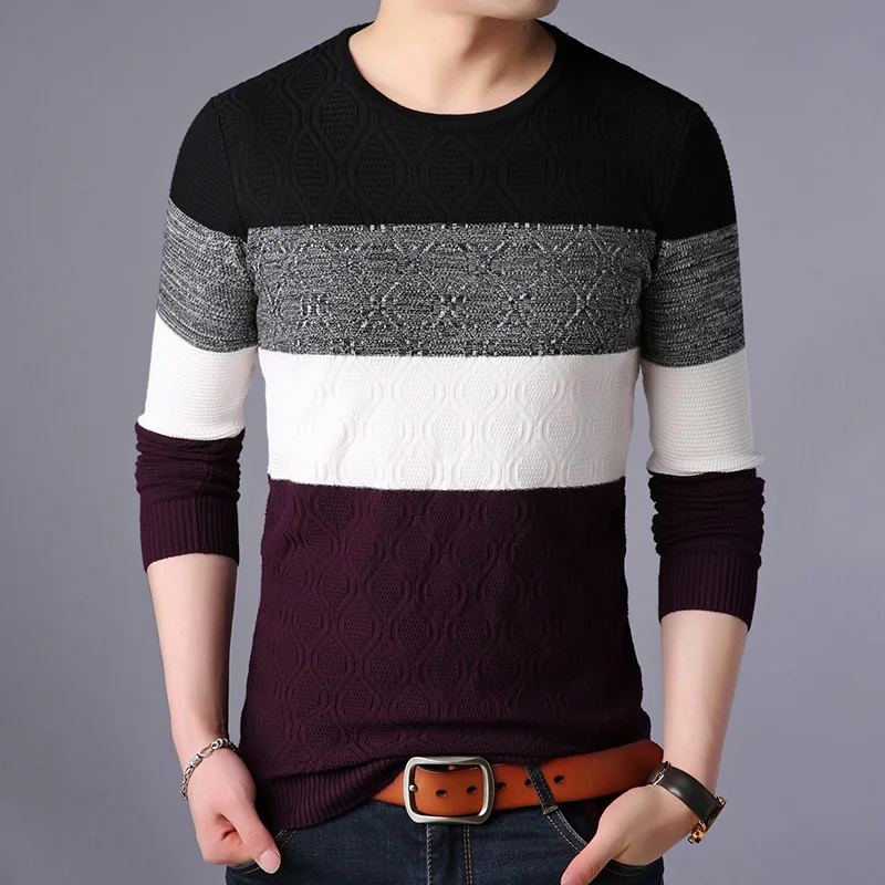 Jumper O Brand Korean New Fashion Neck Knitted Men Pullover Striped Sweater Autum Trendy High Quality Casual Men Clothes
