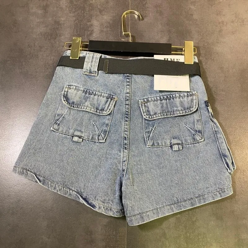 

Fashion Pockets Zipper Sashes Cargo Shorts High Street Women Summer High Waist Straight Denim Hotpants Vintage Classic Shorts