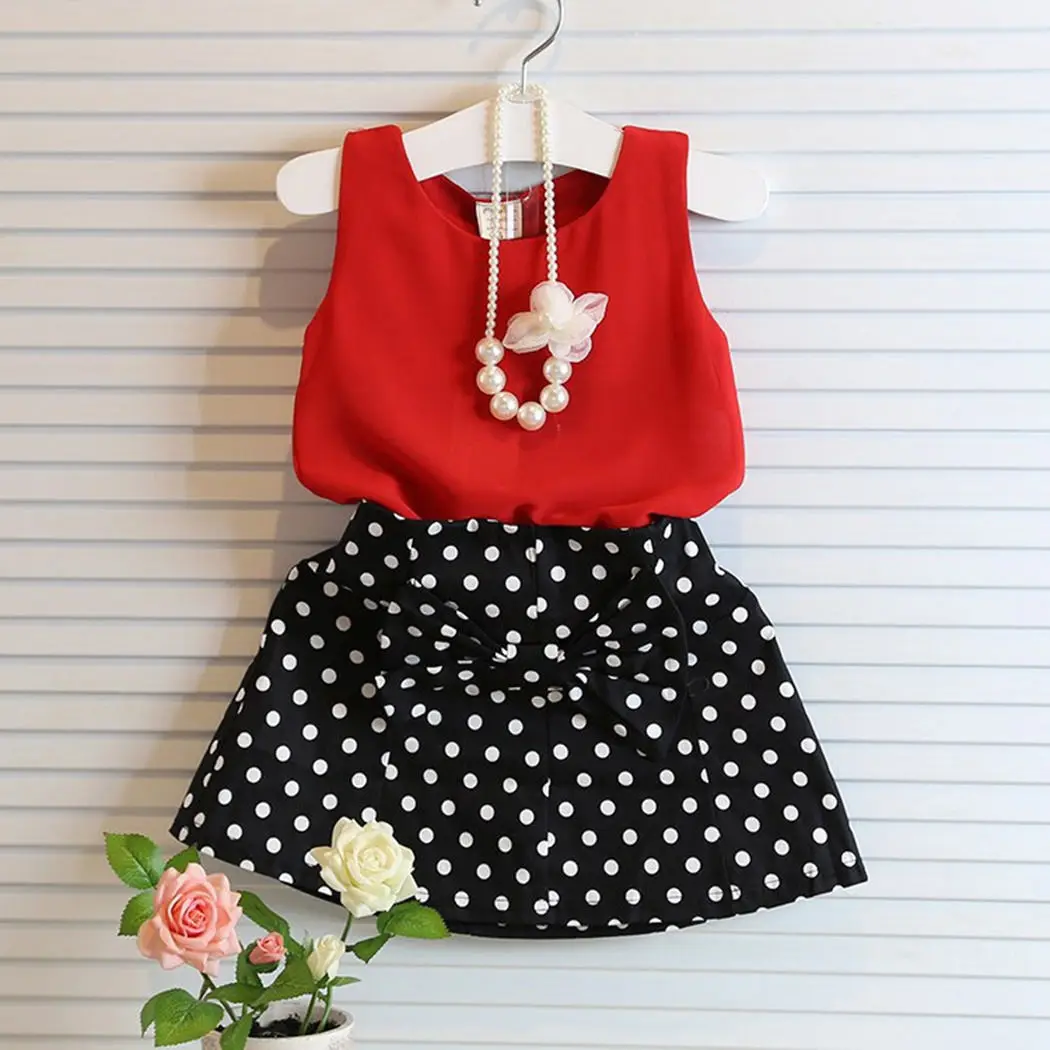 

2PCS Toddler Kids Baby Girls Clothes Chiffon Sleeveless T-shirt Tops Bowknot Polka Dot Skirt Mini Dress Outfits Set 2-7Years