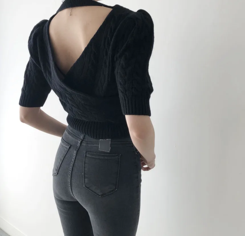 Корейский шикарный свитер с открытой спиной полый дизайн в западном стиле