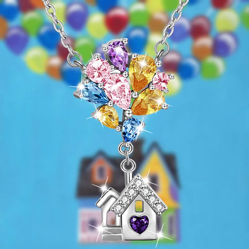 

Berbeny UP House Rhinestone Necklaces Women Balloons House Pendant Necklace Room Cute Dainty Charm Romantic Gift Jewelry