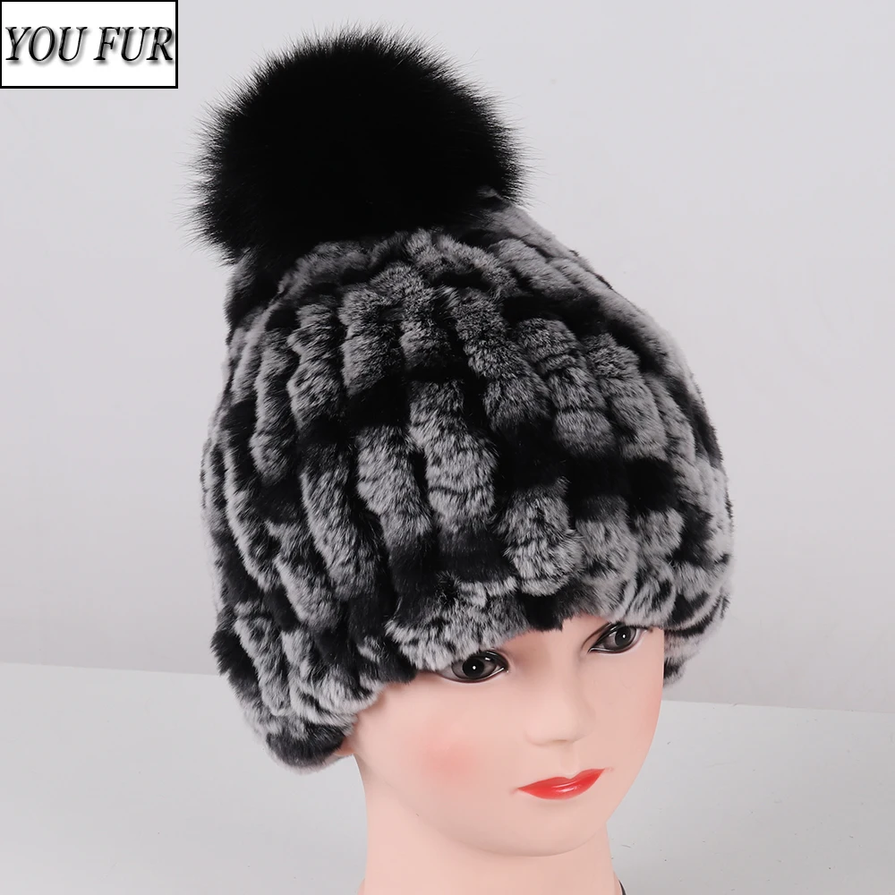 

New Girls Good Elastic Knitted Hats Women Natural Rex Rabbit Fur Caps Winter Warm Real Fur Beanies Hat With Fox Fur Pompoms Cap