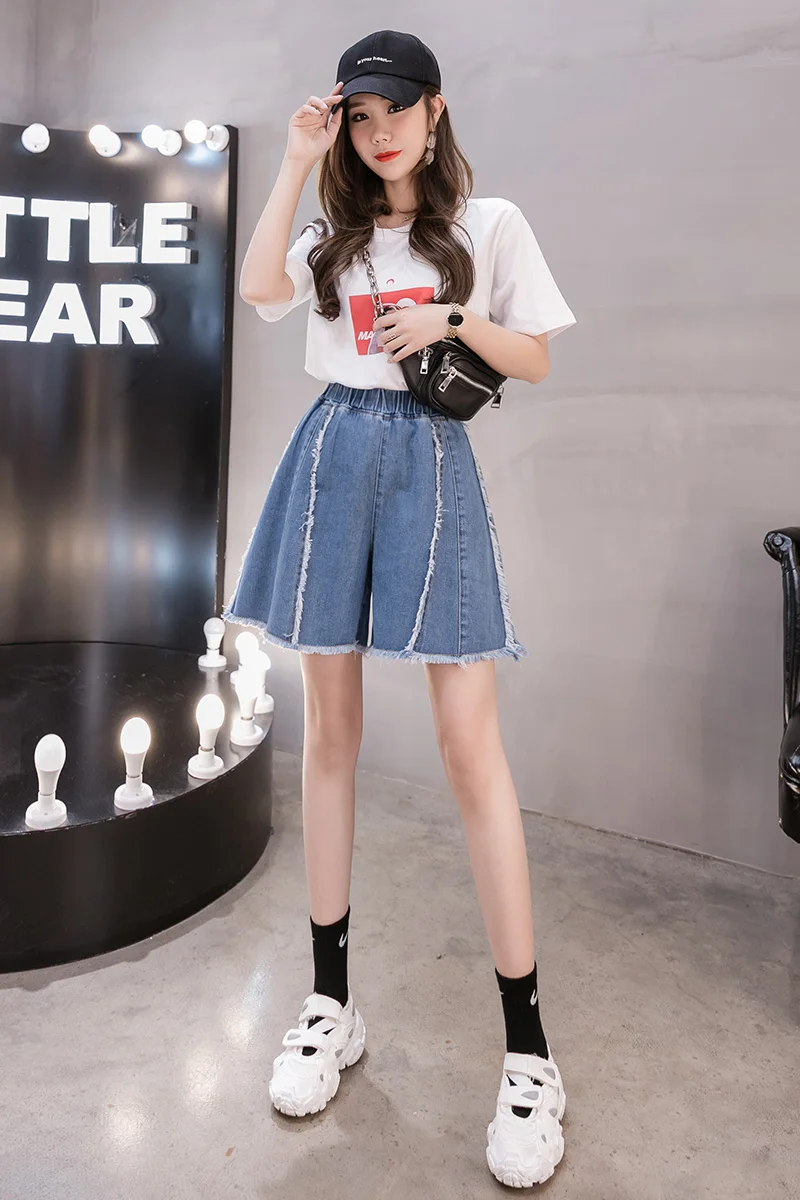 

COIGARSAM 4XL Plus Size Loose Denim Spring Summer High Waist Women Shorts Blue 5903