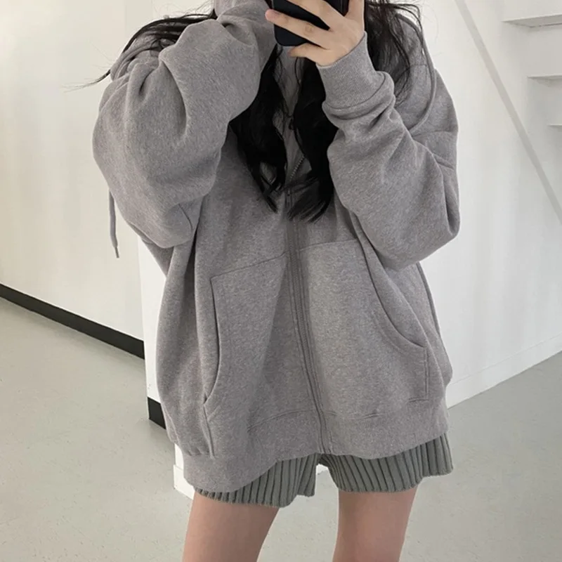

Women Korean Version Loose Hoodies Long Sleeve Zip Up Pocket Oversized Sweatshirt Female Thin Harajuku Hooded Coat Top